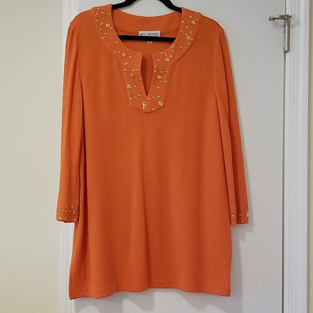 St. John orange tunic top with gold beading